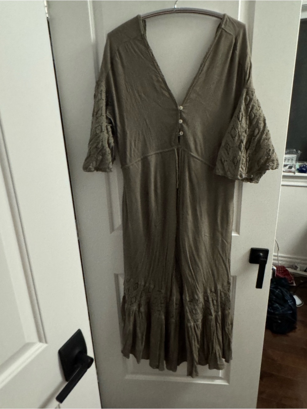 Free people Boho oversized wide leg lace bell sleeve Angela green jumpsuit M - Picture 2 of 6